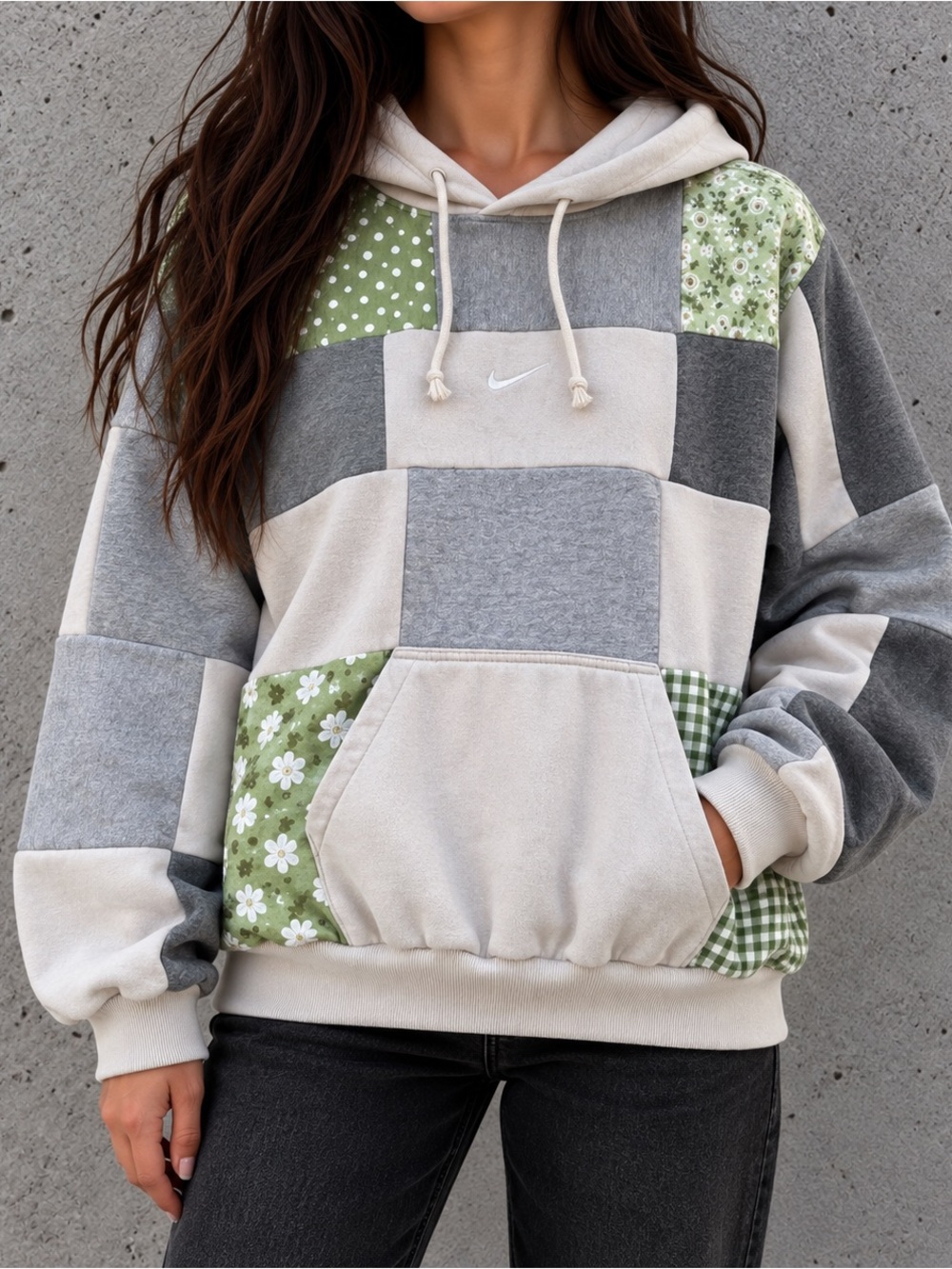 Nike Upcycled Cream Floral Reworked Handmade Green Hoodie Sweatshirt